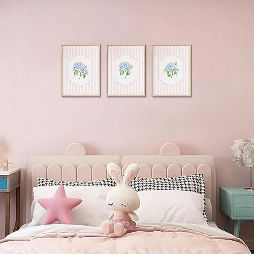 Framed OAK Wood Wall Art Pink And Blue Floral Canvas Artwork | Chinoiserie Flower Pictures Wall Decor Set of 3 Hydrangea Aesthetic Paintings for Bedroom Bathroom Living Room 12x16in thumbnail 2