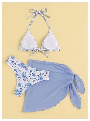 SHENHE Women's 3 Piece Floral Bikini Set with Wrap Coverup Halter Triangle Swimsuits thumbnail 2