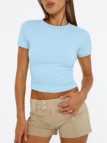 Trendy Queen Womens Short Sleeve T Shirts Summer Crop Tops Basic Slim Fit Gym Workout Y2k Clothes thumbnail 2
