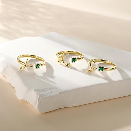 JIAOGE Gold Rings for Women Girls - Non Tarnish Real Gold Plated Initial Ring Adjustable Initial Birthstone Rings for Women Stackable Thumb Pinky Emerald Ring Birthday Bridesmaid Gifts for Women Girls thumbnail 8
