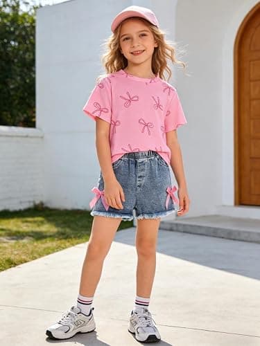 Azmxynol Kid Girls Clothes Outfits Bowknot T-Shirt + 2 In 1 Denim Short Skort Summer Clothing Set, Size 4-10 Years thumbnail 2