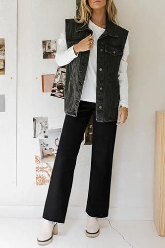 KDF Straight Leg Jeans for Women High Waisted Jeans Frayed Baggy Pants Raw Hem Loose Stretchy Cropped Wide Leg Jeans thumbnail 4