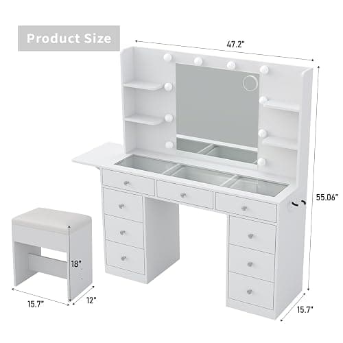 Yanosaku Vanity Desk & Power Outlet, Makeup Vanity with Mirror and 10 LED Lights, 3 Lighting Modes Brightness Adjustable, Makeup Table with 4 Shelves and Fold-up Panel, Vanity Set for Bedroom, White thumbnail 2