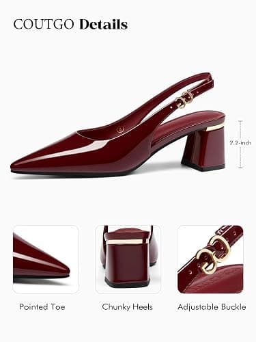 Coutgo Womens Slingback Chunky Heels Pointed Closed Toe Pumps Adjustable Strap Work Dress Shoes thumbnail 4