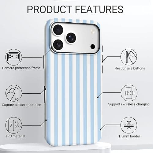 Mokiy TPU Phone Case for iPhone 17 Pro, MagSafe Wireless Charging Compatible, Shockproof Slim Fit Protective Cover with Anti-Yellowing & Raised Camera Protection (Blue Stripe, iPhone 17 Pro(6.3")) thumbnail 4