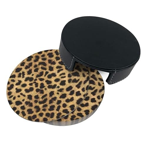 Leopard Animal Print Printed Coasters Set of 6, Pu Leather Round Coasters with Holder, Drinking Coasters Coffee Cup Mat for Bar Kitchen Home thumbnail 3