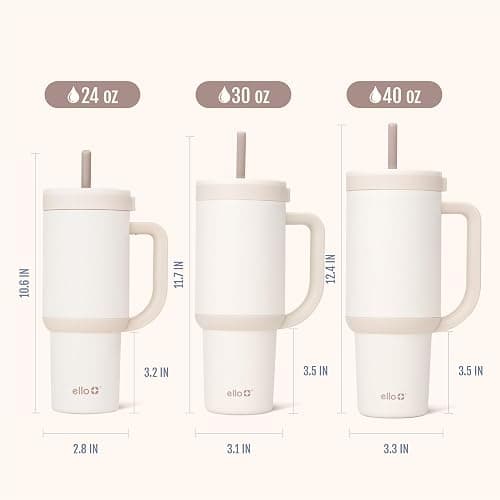 Ello Oasis 30oz Insulated Stainless Steel Tumbler with Straw, Cream Tonal | Insulated stainless steel cup with handle, retracting straw, leakproof lid, keeps cold 24 hours, cupholder fit thumbnail 2