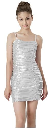 2Bunnies Girls Tween Teen Bodycon Ruched Spaghetti Strap Metallic Shimmer Sequin Party Dance Mini Dress - Image 1