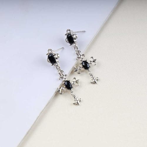 Andelaisi Boho Black Cross Drop Stud Earrings - Vintage Onyx Dangle Silver Star Gothic Gemstone Religious Christian Jewelry for Women thumbnail 3