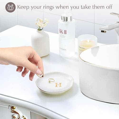 ProCase Ceramic Jewelry Tray, Initial Ring Dish Trinket Plate Engagement Gift, Small Personalized Monogram Ring Bowl for Wedding, White Decorative Jewelry Holder for Women Vanity -Letter H thumbnail 4