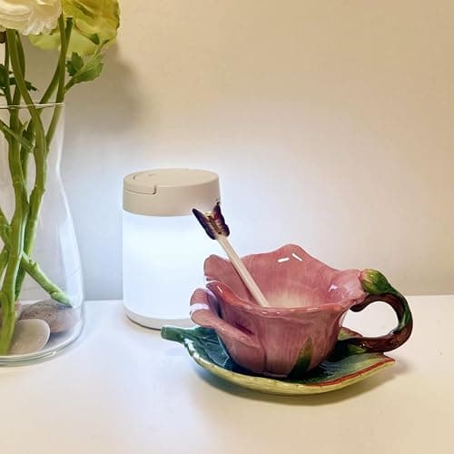 Minigift Ceramic Tea Cup and Saucer Set ，6OZ 3D Hand-Painted Flower and Lotus Leaf Coffee Mug，Gift for Women- Dark Pink Rose thumbnail 6
