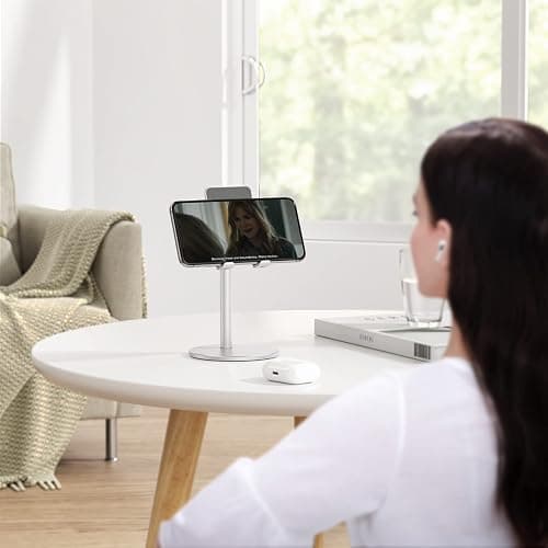Cell Phone Stand, OMOTON Angle Height Adjustable Phone Stand, Aluminum Desktop Phone Holder Dock Stand for Desk, Compatible with iPhone 17 Pro Max, All Smartphones and Tablets(4-11''), Sliver thumbnail 9