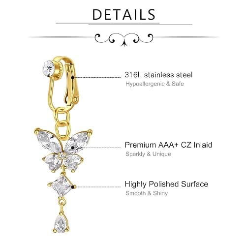 D.Bella Fake Belly Ring Fake Belly Piercing Clip on Belly Button Rings Surgical Steel Fake Belly Button Ring Fake Earrings Diamond Snake Dangle Non Piercing Fake Belly Piercing Jewelry thumbnail 3