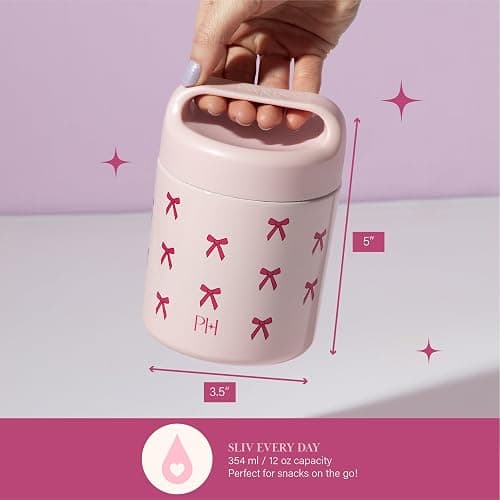 Paris Hilton Stainless Steel Food Jar, Double Wall Vacuum Sealed Insulated Food Storage Container with Carry Handle Lid, 12-Ounce, Pink with Bow Design thumbnail 2