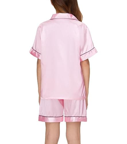 EPLAZA Kids Satin Pajamas Sets Girls Boys Button-Down Silky Pajamas Sleepwear with Hairband Eye Mask Hair Tie thumbnail 4
