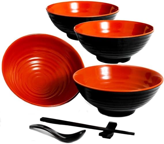 4 Ramen Bowls, 12 pieces Pho set. Red Black Ramen Bowl Set. Unbreakable Melamine. Asian Japanese soup. Spoons And Chopsticks kit. . XL 37 oz. Noodles, Rice, Udon, Thai, Chinese, Korean, Wonton, Miso thumbnail 9