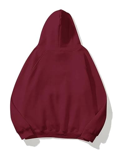 Burgundy Lauweion Women Solid Basic Fleece Letter Loose Hoodie Sweatshirt Long Sleeve Kangaroo Pocket Drop Shoulder Pullovers Top thumbnail 2