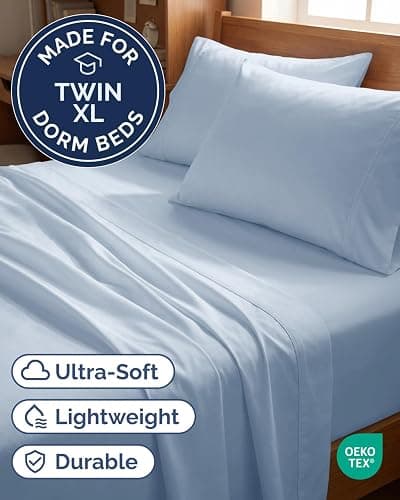 Twin XL 4 Piece Sheet Set - Comfy Breathable & Cooling - Hotel Luxury Bedding for Women, Men, Kids, Teens & Children - 1 Flat & 1 Fitted Sheet & 2 Pillowcases w/ Deep Pockets - Wrinkle Free - Sky Blue thumbnail 2