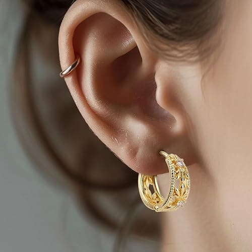 Gold Hoop Earrings for Women, Vintage Gold Huggie Earrings Lightweight Everyday Stylish Jewelry for Her thumbnail 6