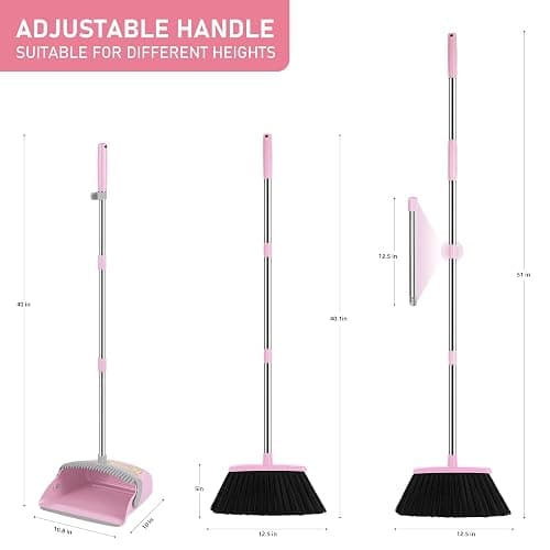 BSKLIN Broom and Dustpan Set, 54” Long Adjustable Handle Broom with Dustpan Combo Set Heavy Duty with Dust Pan Teeth to Clean Hair for Home Lobby Office (Medium Pink) thumbnail 3