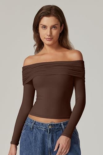 QINSEN Womens Off The Shoulder Tops Double Lined Long Sleeve T Shirts Slim Fitted Stretchy Crop Top thumbnail 5