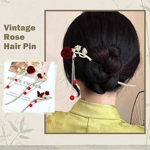 inSowni 8 Pieces Retro Vintage Asian Chinese Traditional Hanfu Gold Metal Rose Flower Butterfly Hair Pins with Bead Pendants Long Hair Sticks Forks Bun Updo Holders Hairpins for Women Girls thumbnail 4