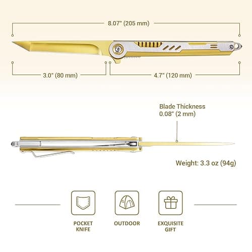 FUNBRO Cool Pocket Knife Gifts for Men, EDC Tanto Blade Folding Knives with Clip, Flipper Open Survival Knife with Window Breaker and Liner Lock for Outdoor Camping (Gold) thumbnail 2