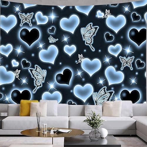 MEETSIOY Cute Black Blue Heart Tapestry Fantasy Blue Butterfly Aesthetic Tapestry Hippie 2000s Y2K Teen Girls Tapestries Wall Hanging for Women Nursery Bedroom Living Room Bedroom College Dorm - Image 1
