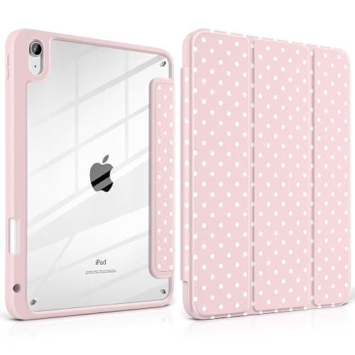 Yebiseven Case for iPad A16 11th Generation 11 inch 2025, iPad 10th Generation 10.9 inch 2022 -[Built-in Pencil Holder], Shockproof Clear Hard Back, Trifold Stand, Auto Wake/Sleep, Pink White dot - Image 1