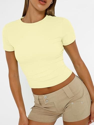 AUTOMET Women's Crew Neck Short Sleeve Basic Stretchy Tight Fitted T-Shirt thumbnail 3