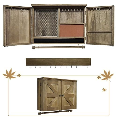 GLANT Rustic Wall Mounted Jewelry Organizer with Wooden Barndoor Decor， Wall Mount Holder,Jewelry holder for Necklaces, Earings, Bracelets，Ring Holder. Includes matching hook organizer (wood color) thumbnail 6
