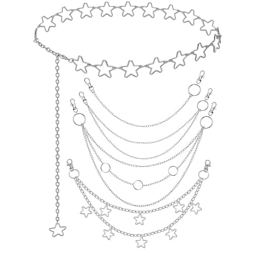 Chain Belt, 5 Pcs Waist Chain Belt Jeans Pants Chain Wallet Chain Pocket Silver Chain Belt Y2K Goth Accessories Punk Dress Body Belly Chain for Women Men - Image 1