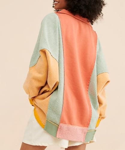 Yuemengxuan Women Fleece Sweatshirts Long Sleeve Colorblock Cropped Oversized Sweatshirt Y2k V-Neck Pullover Tops - Orange - Medium thumbnail 5