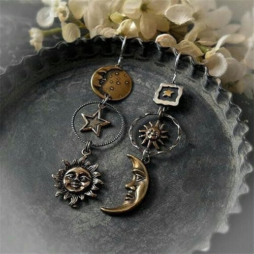 Vintage Sun Moon Star Dangle Earrings for Women, Greek Mythology Asymmetric Drop Earrings (Gold) thumbnail 5