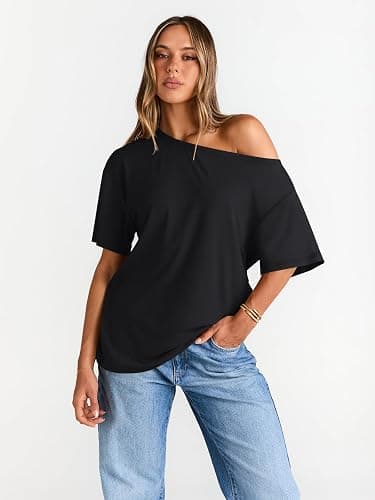 Trendy Queen Womens Off The Shoulder Tops Oversized T-Shirts Short Sleeve Tees Summer 2025 Casual Spring Fashion Clothes thumbnail 2
