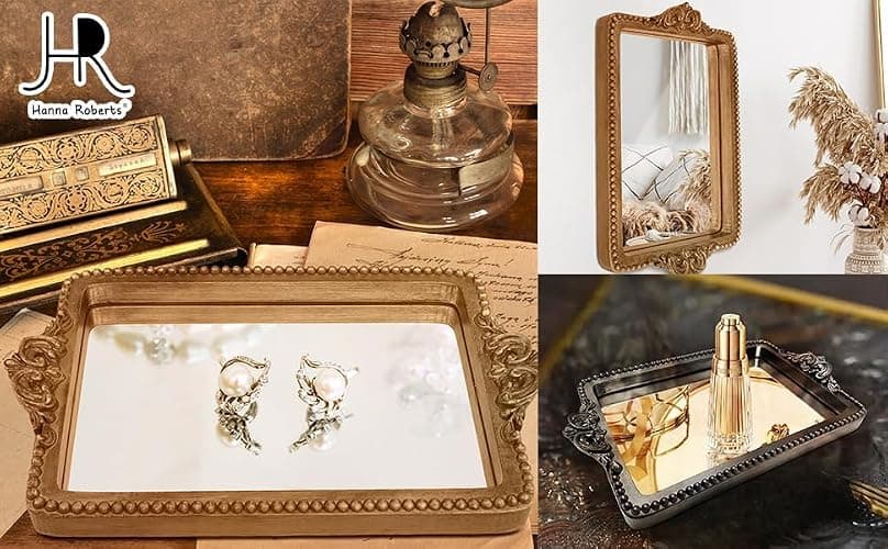 Hanna Roberts Vintage Gold Tray with Mirror Glass Base | Card Holder for Guests During Occasions and Events or Decorative Home and Vanity Organizer (Gold) thumbnail 6