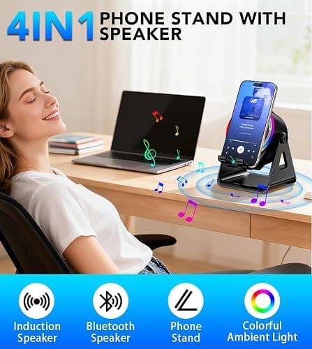 NIIFAWH Bluetooth Speaker, 4-in-1 Wireless Induction Speaker & RGB Light Stand Multi-Functional Phone Stand Instant-Connect Stereo Sound, 360° Adjustable Holder for iPhone/Android/iPad/Samsung (Black) thumbnail 2