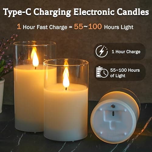 LEDHOLYT Rechargeable Flameless Glass Pillar Candles–Easter Flameless Candles Decorations,–Set of 3, Realistic Flickering LED Light,Remote & Timer, Ideal for Living Room, Bedroom & Easter Décor thumbnail 3