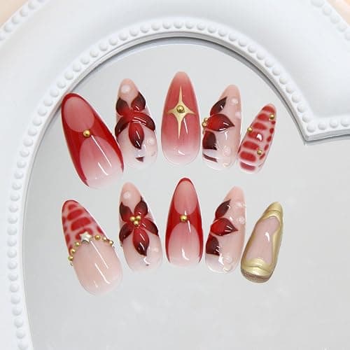 MouyouGlow Press on Nails Kurz,Almond Rot French 3D Blumen Floral Bubbles Gold Aura Striped Sterne Design Mandel Y2k Fake Nails mit Nagelkleber,Red Flowers Sweet Star INS Künstliche Fingernägel thumbnail 4