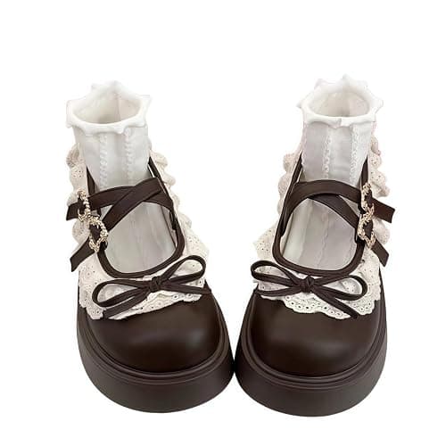 Frauen Lolita Schuhe Absatz Mary Jane Spitze Pumps mit Schleife Kawaii Nette Cosplay Keil Stiefel Cross Strap Block Heel Süße Art - Image 1