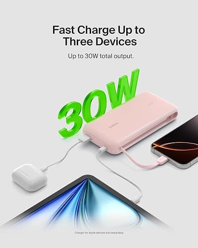 Belkin Portable Charger, Power Bank with Integrated Cable 20000 mAh 30W - Fast Charging USB C Power Delivery - iPhone 17, Air, Pro, Pro Max, iPad, AirPods, Apple Watch, Galaxy S25, & More - Pink thumbnail 6