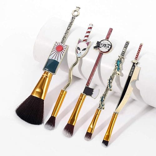 Anime Peripheral Demon Makeup Brushes - 5pcs Kimetsu Noyaiba Make Up Brushes Nezuko Tanjirou Metal Handle Makeup Tools Gift for Fans (Gold) thumbnail 4