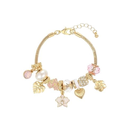 Madison Tyler Charm Bracelet Gold Bracelets for Women Gifts | LOVE Heart Hollow Flower Bow Pink Green Square Gemstone Beaded Charm Bracelet Cute Adjustable Bracelet Jewelry - Image 1