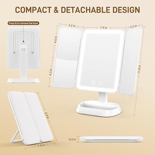 FRANO Vanity Mirror with Lights - Rechargeable Lighted Makeup Mirror | 1X/3X/5X Magnification, Smart Touch, 3 Colors Dimmable | Portable Trifold Mirror for Travel - Valentines Day Gifts for Her thumbnail 2