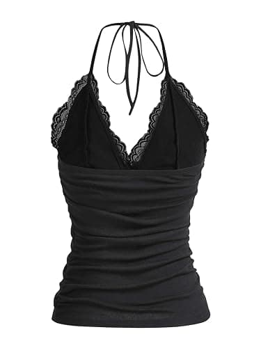 GORGLITTER Damen Y2K Top Mit Spitze Neckholder Top Spitzentop Trägertop | Spitzen Top Damen, Halter Neck Top, Camisole V Aussschnitt, Tops Y2k, Festival Outfits thumbnail 2