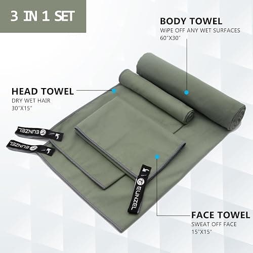Quick Dry Camping Towel, Microfiber Travel Towel 3 Size at 1 Pack,Fast Drying Towel Set for Camping, Beach, Gym, Sports, Yoga & Swimming Pool, Army Green thumbnail 3
