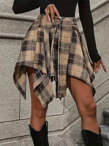Chvity Mini Skirts for Women High Waisted Asymmetrical Hem Fashion Plaid Skirt thumbnail 2