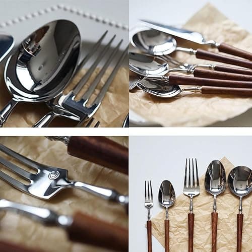 24 Piece Silverware Set Service for 4,Imitation Wooden Handle Steel Flatware Set Vintage Embossed Cutlery Utensil Set Home Kitchen Eating Tableware Set Include Fork Knife Spoon Set Dishwasher Safe thumbnail 5