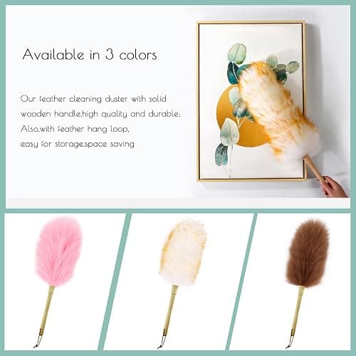 iHUFeather Lambswool Duster 14'' Length Solid Wooden Handle Leather Hang Strap for Cleaning Ceiling Fans Window Blinds Computer Furniture Figurines TV Natural Feather Duster,Pink thumbnail 6