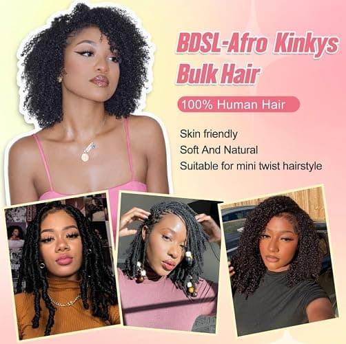 BDSL Afro Kinkys Bulk Human Hair for Braiding Afro Kinky-Curly Human Hair Bulk for Mini Twist Afro Kinky Bulk Hair for Dreadlocks Extensions Repair Locs Micro Locs Extension 14Inch(1B,35g/pack) thumbnail 2